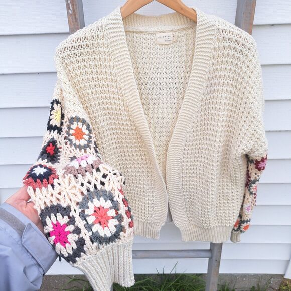Dreamers Sweaters - Dreamers by Debut Cream Crochet Granny Square Sleeve Cardigan Sweater M/Large